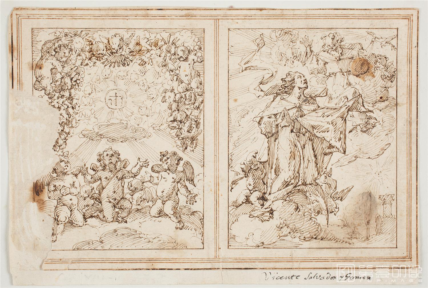 素描-西班牙普拉多美术馆素描藏画-Salvador Gomez, Vicente-Angeles adorando el nombre de Jesus e Inmaculada Concepcion-1712